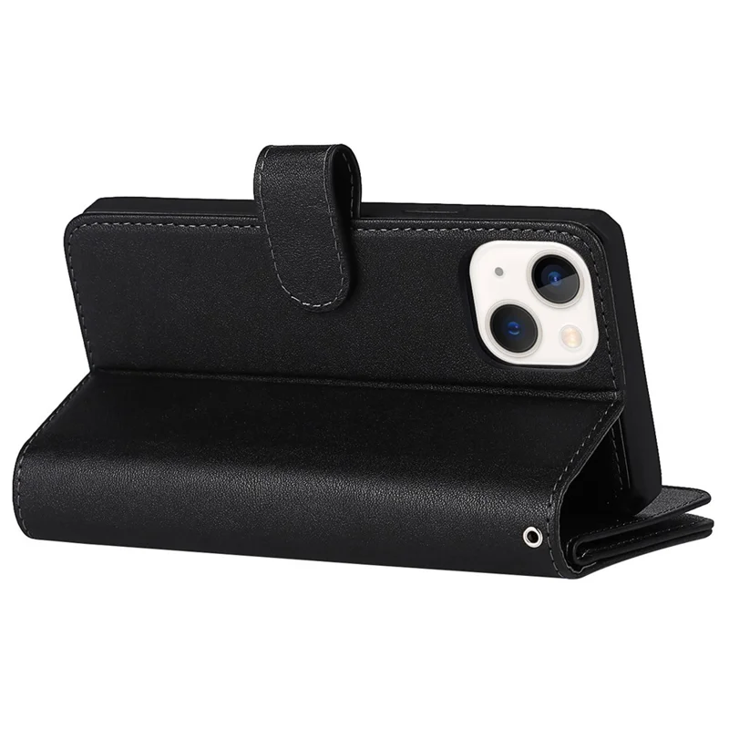 Fall-proof Detachable PU Leather Wallet Stand Phone Case Shell with Wrist Strap for iPhone 13 6.1 inch - Black