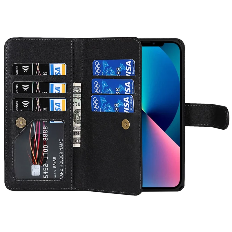 Fall-proof Detachable PU Leather Wallet Stand Phone Case Shell with Wrist Strap for iPhone 13 6.1 inch - Black