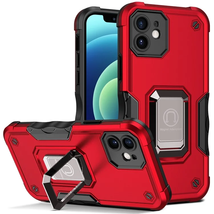 Étui pour téléphone portable en PC multicouche et TPU souple avec support annulaire pour iPhone 12 6.1 pouces - Rouge