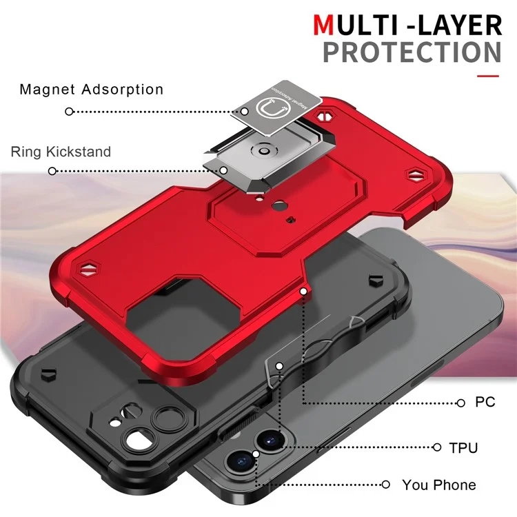 Étui pour téléphone portable en PC multicouche et TPU souple avec support annulaire pour iPhone 12 6.1 pouces - Rouge