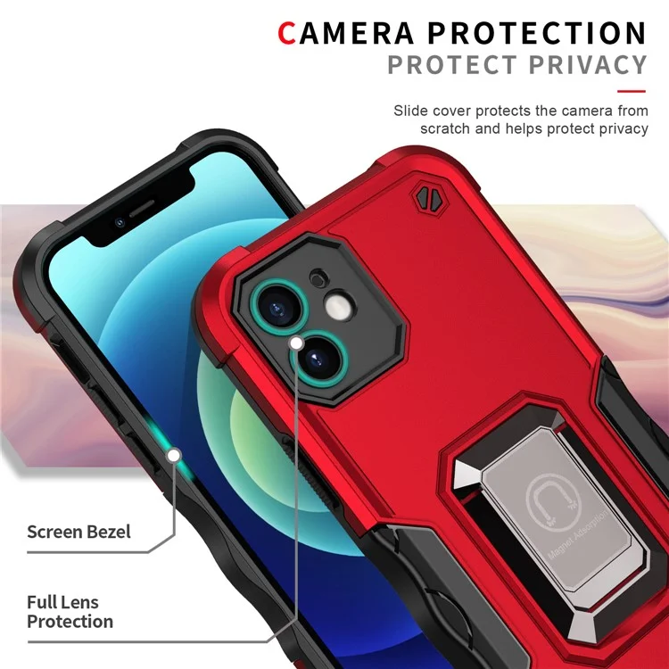 Étui pour téléphone portable en PC multicouche et TPU souple avec support annulaire pour iPhone 12 6.1 pouces - Rouge