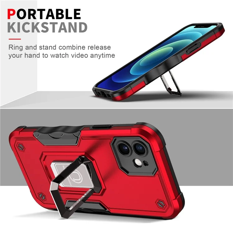 Étui pour téléphone portable en PC multicouche et TPU souple avec support annulaire pour iPhone 12 6.1 pouces - Rouge