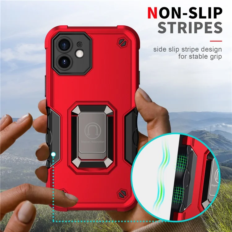 Étui pour téléphone portable en PC multicouche et TPU souple avec support annulaire pour iPhone 12 6.1 pouces - Rouge