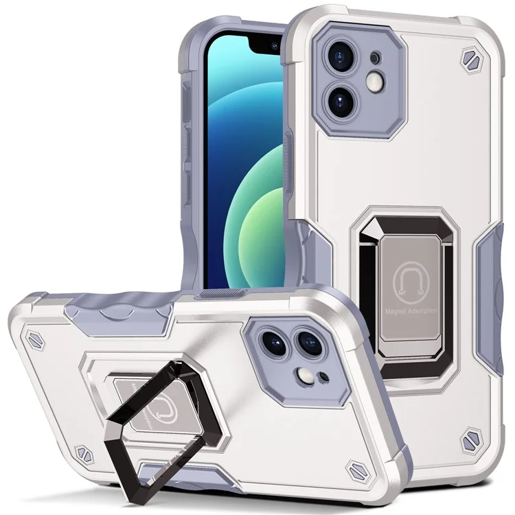 Ring Kickstand Protección Múltiple PC Híbrida Hard PC + TPU Soft TPU Case Para Iphone 12 6.1 Pulgadas - Blanco