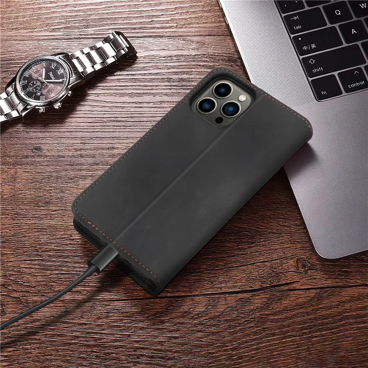 Pola 008 Series Chiusura Automatica Magnetica PU Retro Flip Portafoglio Flip Ponete Custodia Con Supporto Per Iphone 13 Pro 6,1 Pollici - Nero
