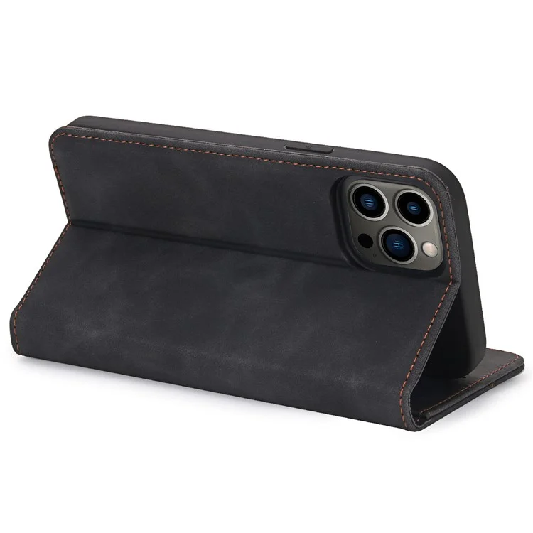 Pola 008 Series Chiusura Automatica Magnetica PU Retro Flip Portafoglio Flip Ponete Custodia Con Supporto Per Iphone 13 Pro 6,1 Pollici - Nero