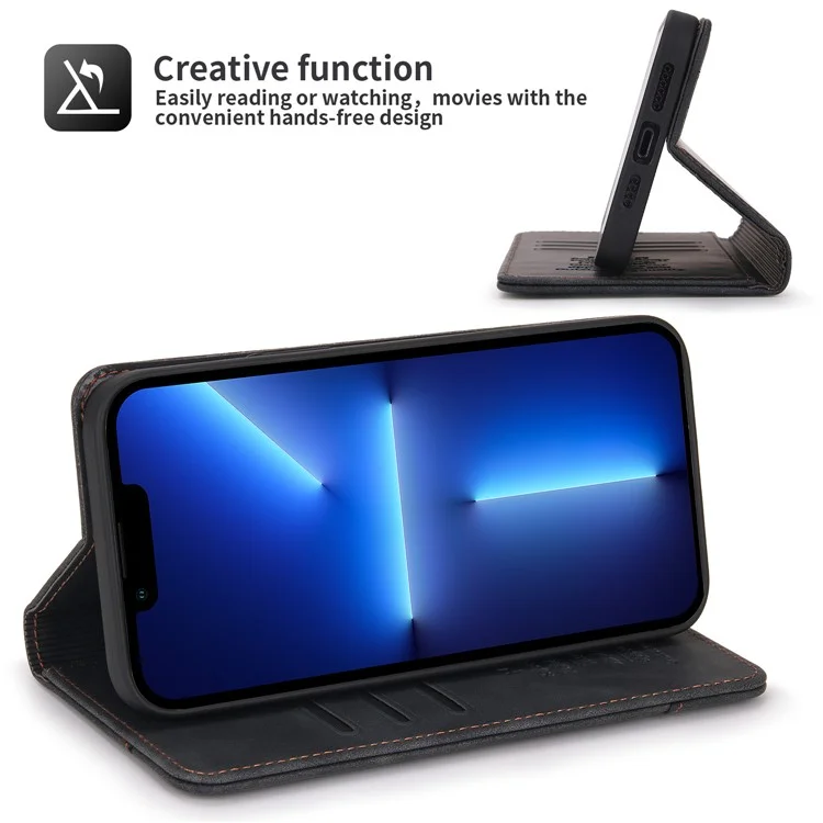 Pola 008 Series Chiusura Automatica Magnetica PU Retro Flip Portafoglio Flip Ponete Custodia Con Supporto Per Iphone 13 Pro 6,1 Pollici - Nero