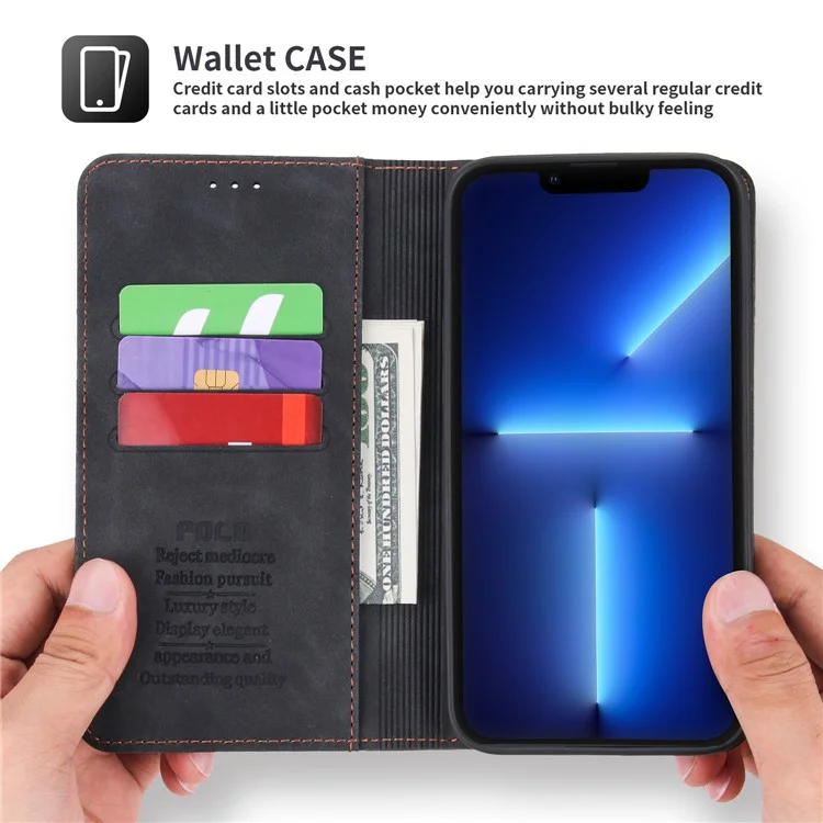 Pola 008 Series Chiusura Automatica Magnetica PU Retro Flip Portafoglio Flip Ponete Custodia Con Supporto Per Iphone 13 Pro 6,1 Pollici - Nero