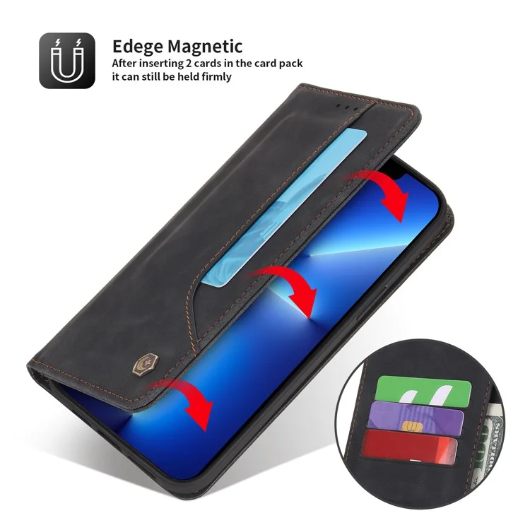 Pola 008 Series Chiusura Automatica Magnetica PU Retro Flip Portafoglio Flip Ponete Custodia Con Supporto Per Iphone 13 Pro 6,1 Pollici - Nero