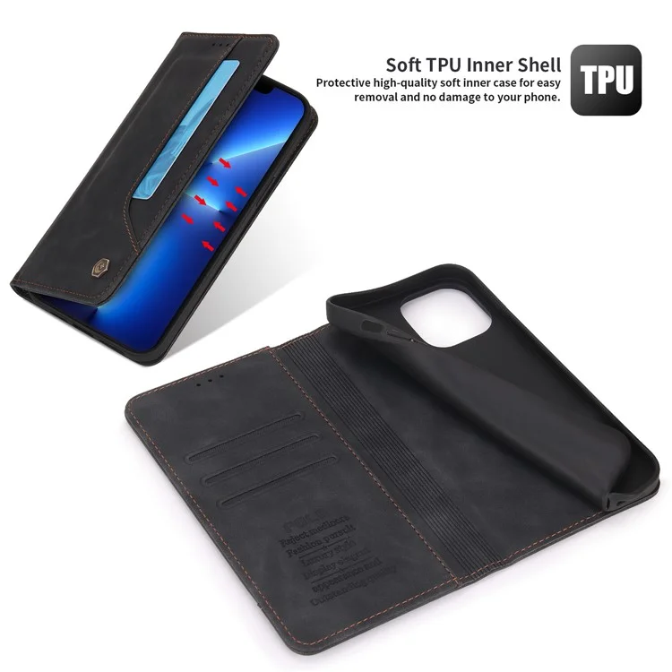 Pola 008 Series Chiusura Automatica Magnetica PU Retro Flip Portafoglio Flip Ponete Custodia Con Supporto Per Iphone 13 Pro 6,1 Pollici - Nero