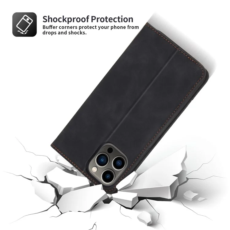 Pola 008 Series Chiusura Automatica Magnetica PU Retro Flip Portafoglio Flip Ponete Custodia Con Supporto Per Iphone 13 Pro 6,1 Pollici - Nero