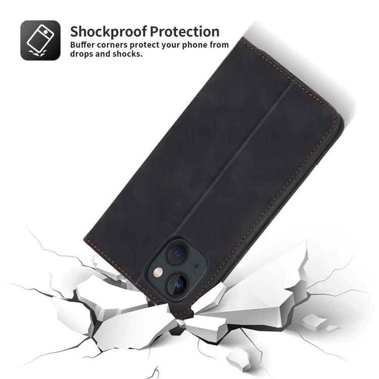 Pola 008 Series Soporte De Visualización Retro PU Cuero Flip Funda Cartera Cuerpo Magnético Magnético Cubierta Protectora Para IPhone 13 6.1 Pulgadas - Negro