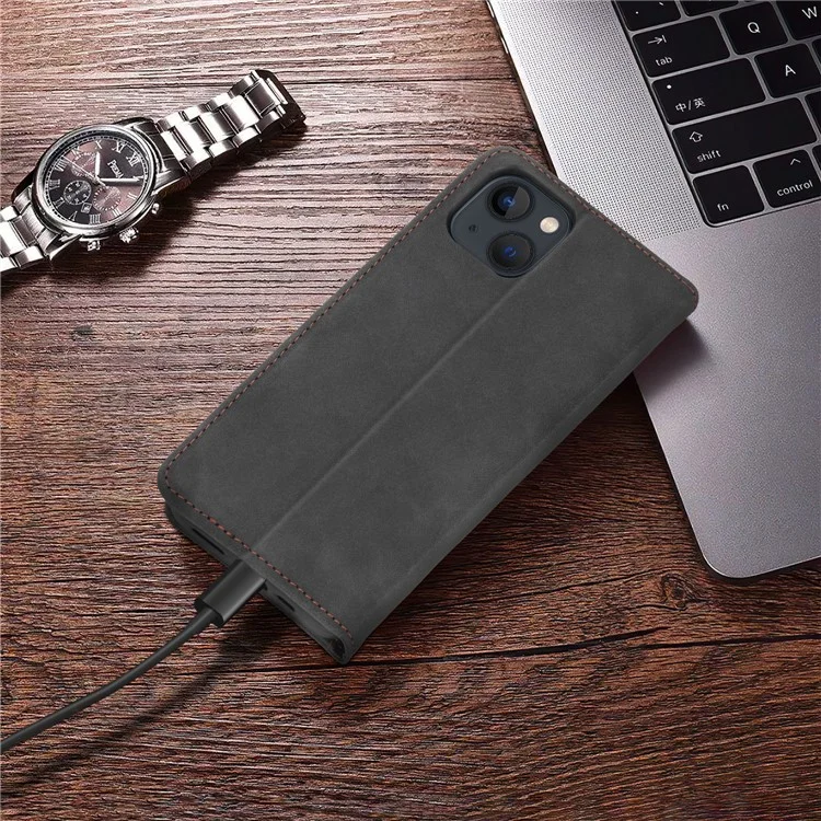 Pola 008 Series Soporte De Visualización Retro PU Cuero Flip Funda Cartera Cuerpo Magnético Magnético Cubierta Protectora Para IPhone 13 6.1 Pulgadas - Negro