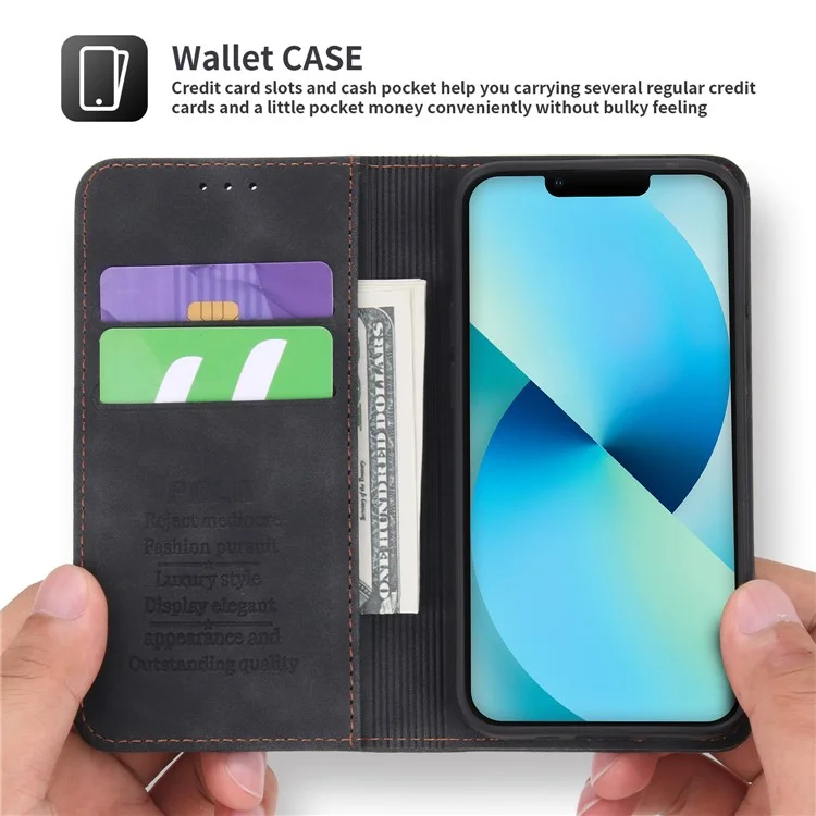 Pola 008 Series Soporte De Visualización Retro PU Cuero Flip Funda Cartera Cuerpo Magnético Magnético Cubierta Protectora Para IPhone 13 6.1 Pulgadas - Negro