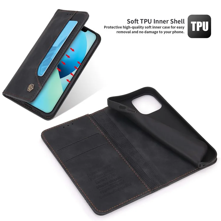 Pola 008 Series Soporte De Visualización Retro PU Cuero Flip Funda Cartera Cuerpo Magnético Magnético Cubierta Protectora Para IPhone 13 6.1 Pulgadas - Negro