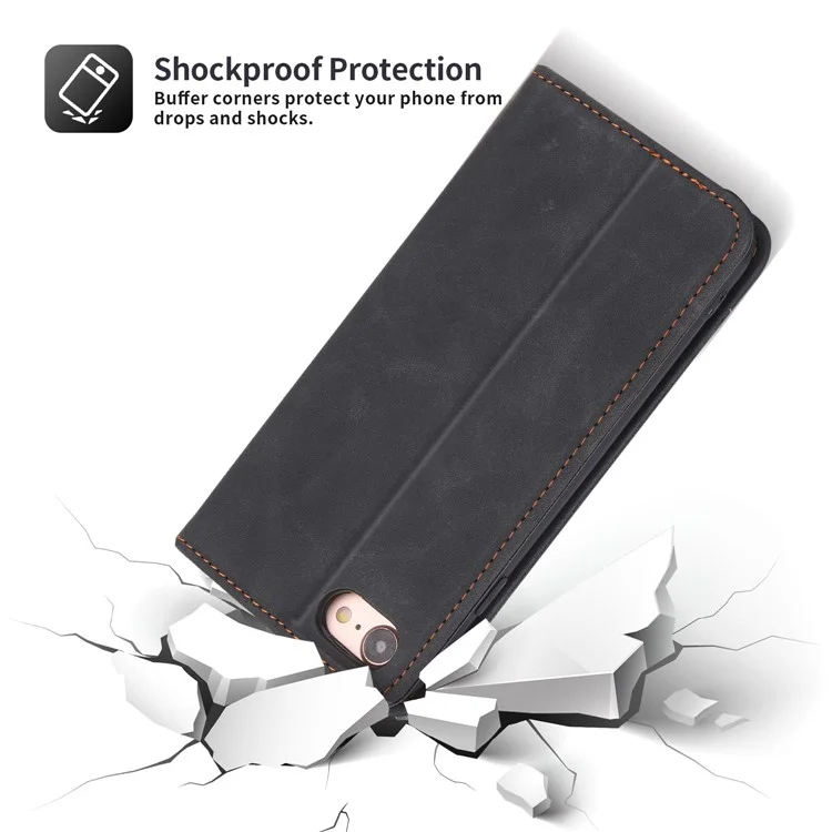 POLA 008 Serie Custodia Portafoglio in Pelle PU Full Protection Retro Flip Stand Auto Chiusura Magnetica per iPhone SE (2022)/SE (2020)/8/7 - Nero