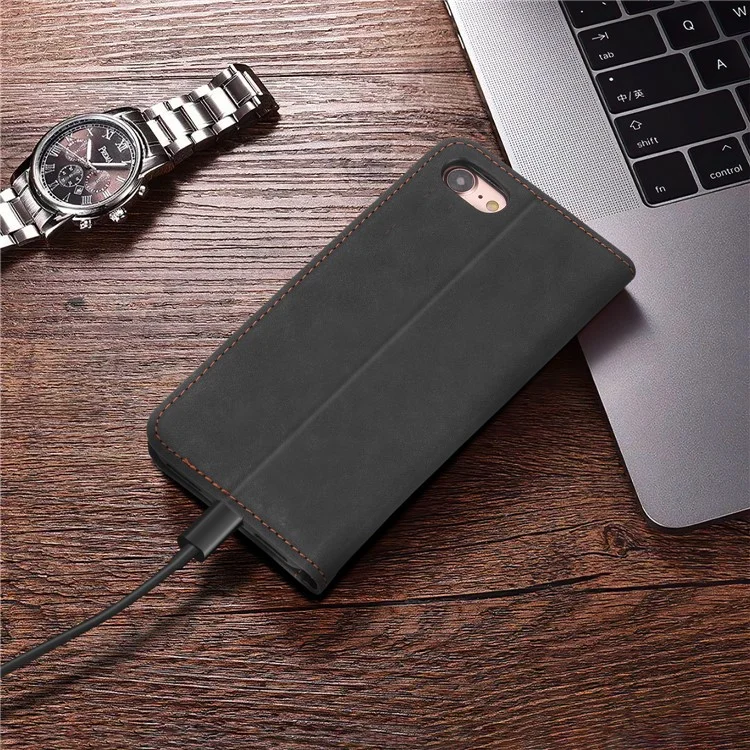 POLA 008 Serie Custodia Portafoglio in Pelle PU Full Protection Retro Flip Stand Auto Chiusura Magnetica per iPhone SE (2022)/SE (2020)/8/7 - Nero