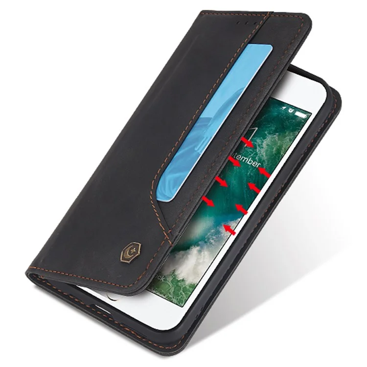 POLA 008 Serie Custodia Portafoglio in Pelle PU Full Protection Retro Flip Stand Auto Chiusura Magnetica per iPhone SE (2022)/SE (2020)/8/7 - Nero
