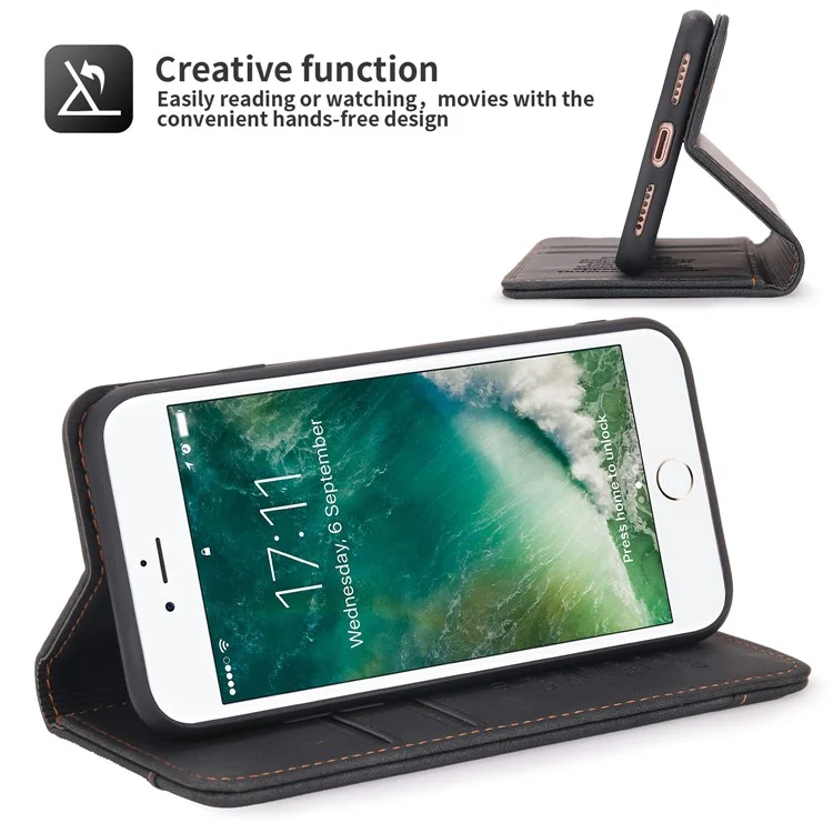 POLA 008 Serie Custodia Portafoglio in Pelle PU Full Protection Retro Flip Stand Auto Chiusura Magnetica per iPhone SE (2022)/SE (2020)/8/7 - Nero