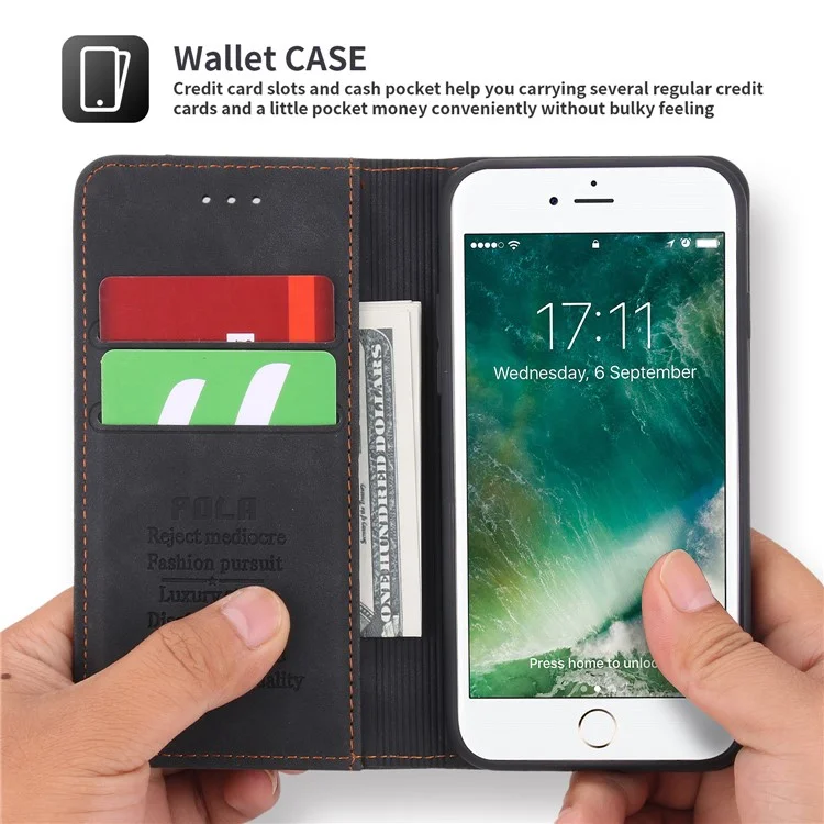 POLA 008 Serie Custodia Portafoglio in Pelle PU Full Protection Retro Flip Stand Auto Chiusura Magnetica per iPhone SE (2022)/SE (2020)/8/7 - Nero