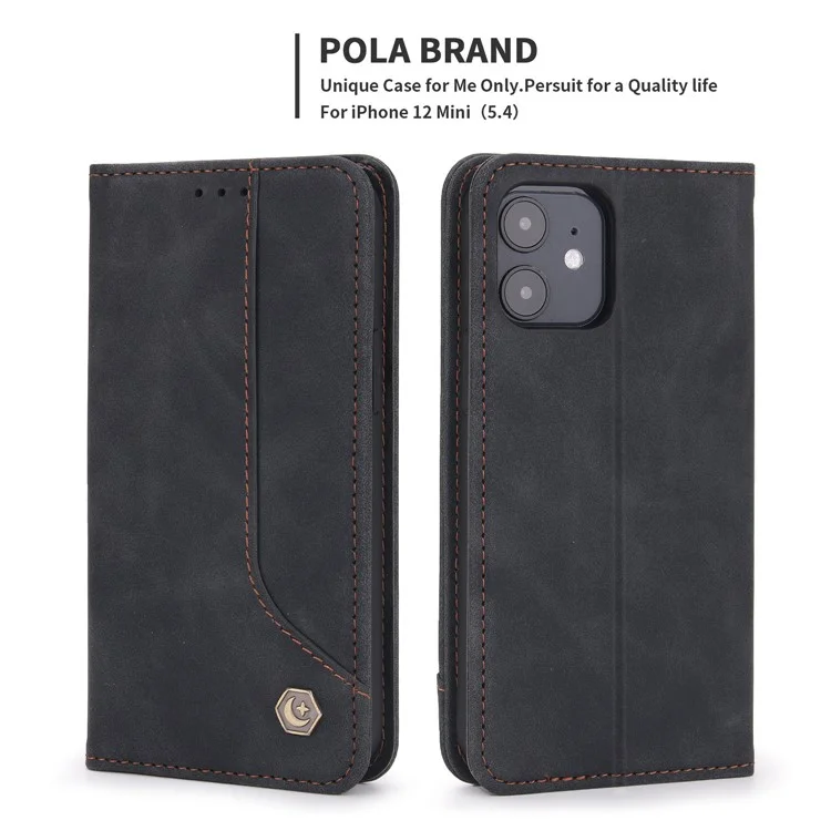 POLA 008 Série de Portefeuille pu Leather Retro Folio Flip Case Stoup Magnétique Couverture de Protection Auto-absorbée Auto-absorbée Pour L'iphone 12 Mini 5,4 Pouces - le Noir