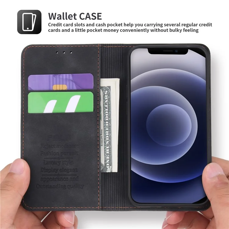 POLA 008 Série de Portefeuille pu Leather Retro Folio Flip Case Stoup Magnétique Couverture de Protection Auto-absorbée Auto-absorbée Pour L'iphone 12 Mini 5,4 Pouces - le Noir