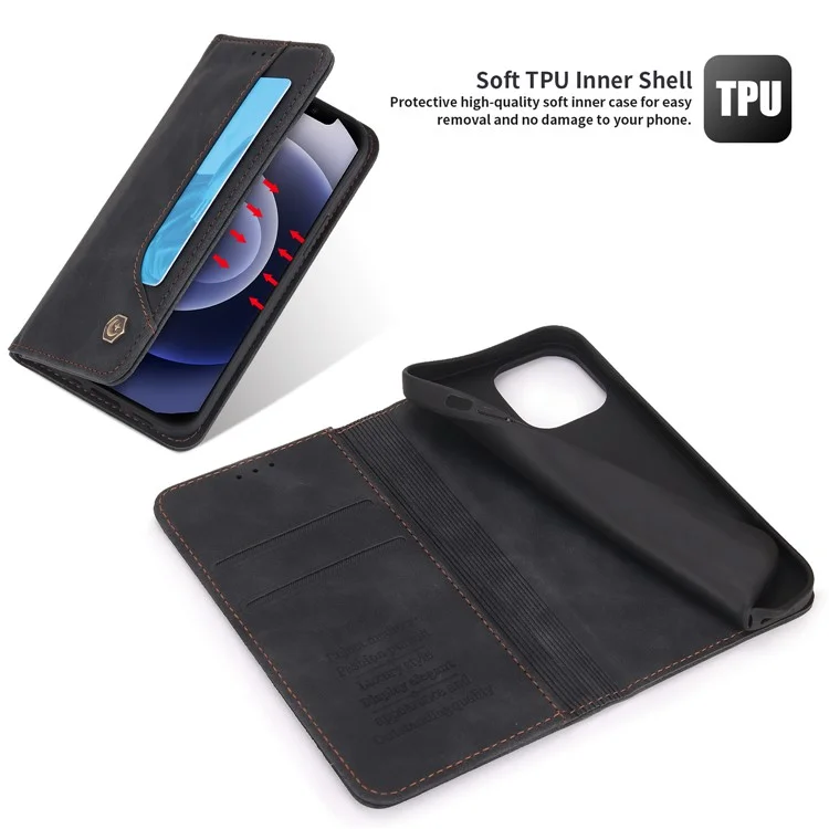 POLA 008 Série de Portefeuille pu Leather Retro Folio Flip Case Stoup Magnétique Couverture de Protection Auto-absorbée Auto-absorbée Pour L'iphone 12 Mini 5,4 Pouces - le Noir