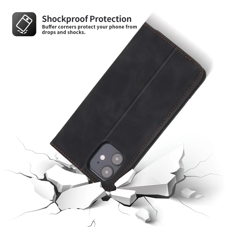POLA 008 Série de Portefeuille pu Leather Retro Folio Flip Case Stoup Magnétique Couverture de Protection Auto-absorbée Auto-absorbée Pour L'iphone 12 Mini 5,4 Pouces - le Noir
