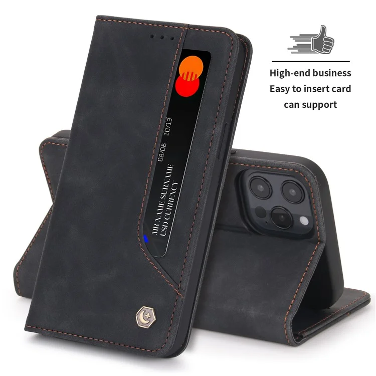 Pola 008 Serie Retro Style PU Cuero de Cuero Stand Visioning Magnetic Auto-absorbido Auto-absorbido Para Iphone 12 / 12 Pro 6.1 Pulgadas - Negro