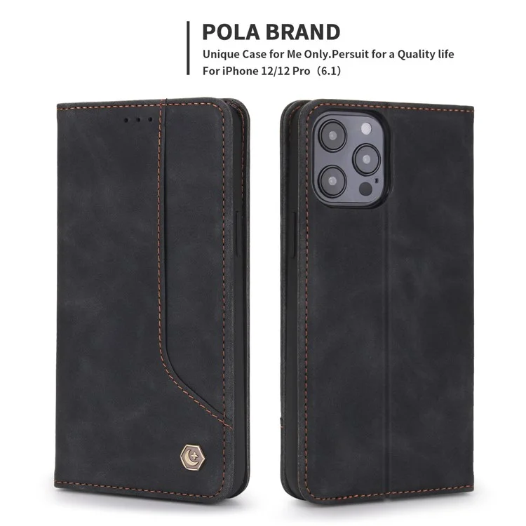 Pola 008 Serie Retro Style PU Cuero de Cuero Stand Visioning Magnetic Auto-absorbido Auto-absorbido Para Iphone 12 / 12 Pro 6.1 Pulgadas - Negro