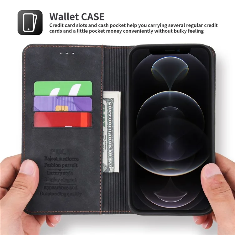 Pola 008 Serie Retro Style PU Cuero de Cuero Stand Visioning Magnetic Auto-absorbido Auto-absorbido Para Iphone 12 / 12 Pro 6.1 Pulgadas - Negro