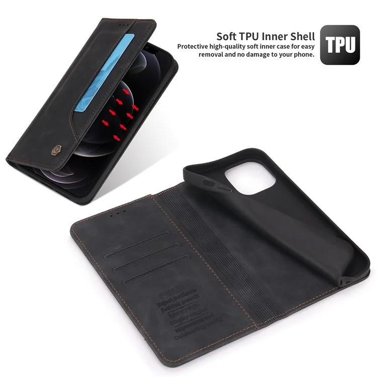 Pola 008 Serie Retro Style PU Cuero de Cuero Stand Visioning Magnetic Auto-absorbido Auto-absorbido Para Iphone 12 / 12 Pro 6.1 Pulgadas - Negro