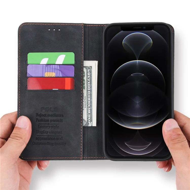 Pola 008 Serie Vintage PU Leather Flip Willet Cinete Auto Cerrar la Cubierta de Teléfono Protectora a Prueba de Choque Magnético Con Soporte Para Iphone 11 Pro Max 6.5 Pulgadas - Negro