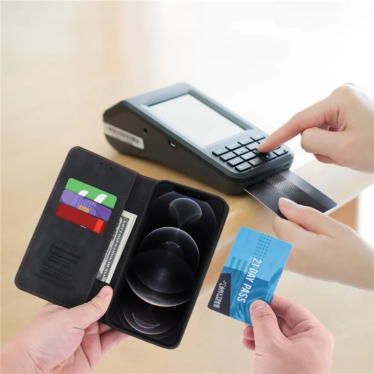 Pola 008 Serie Vintage PU Leather Flip Willet Cinete Auto Cerrar la Cubierta de Teléfono Protectora a Prueba de Choque Magnético Con Soporte Para Iphone 11 Pro Max 6.5 Pulgadas - Negro