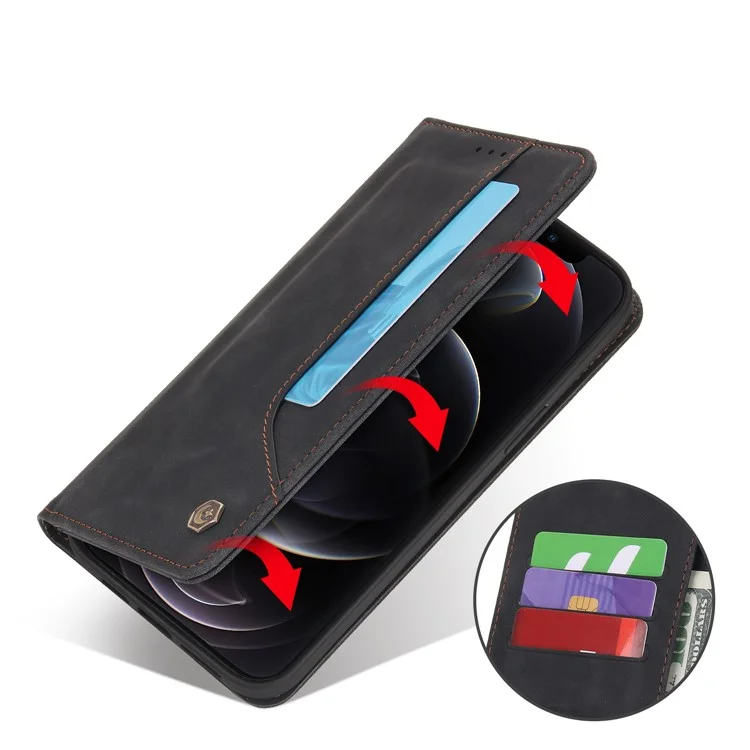 Pola 008 Serie Vintage PU Leather Flip Willet Cinete Auto Cerrar la Cubierta de Teléfono Protectora a Prueba de Choque Magnético Con Soporte Para Iphone 11 Pro Max 6.5 Pulgadas - Negro