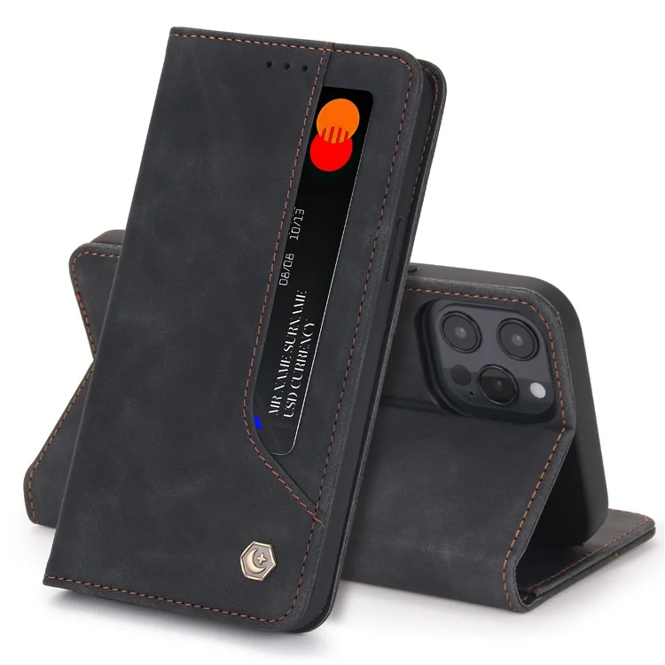 Pola 008 Serie Vintage PU Leather Flip Willet Cinete Auto Cerrar la Cubierta de Teléfono Protectora a Prueba de Choque Magnético Con Soporte Para Iphone 11 Pro Max 6.5 Pulgadas - Negro