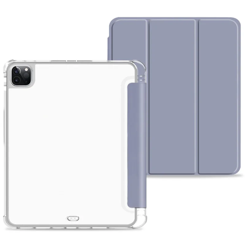 Stand TriFold Anti-goutte Couverture De Protection Tablette Transparente Antichoc Avec Support De Crayon Pour IPad Pro 12.9-pouce (2021) - Mauve