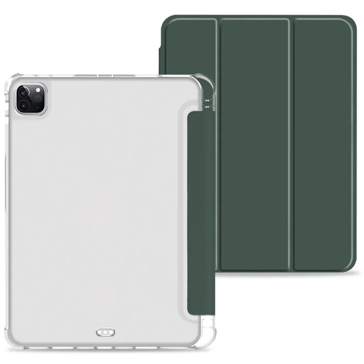 Transparent Anti-scratch Tablet Case PU Leather Trifold Stand Protective Cover with Pencil Holder for iPad Pro 11-inch (2021) - Midnight Green