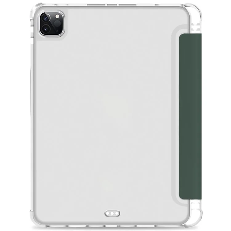 Transparent Anti-scratch Tablet Case PU Leather Trifold Stand Protective Cover with Pencil Holder for iPad Pro 11-inch (2021) - Midnight Green