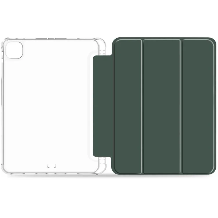 Transparent Anti-scratch Tablet Case PU Leather Trifold Stand Protective Cover with Pencil Holder for iPad Pro 11-inch (2021) - Midnight Green