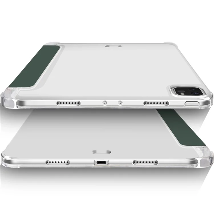 Transparent Anti-scratch Tablet Case PU Leather Trifold Stand Protective Cover with Pencil Holder for iPad Pro 11-inch (2021) - Midnight Green
