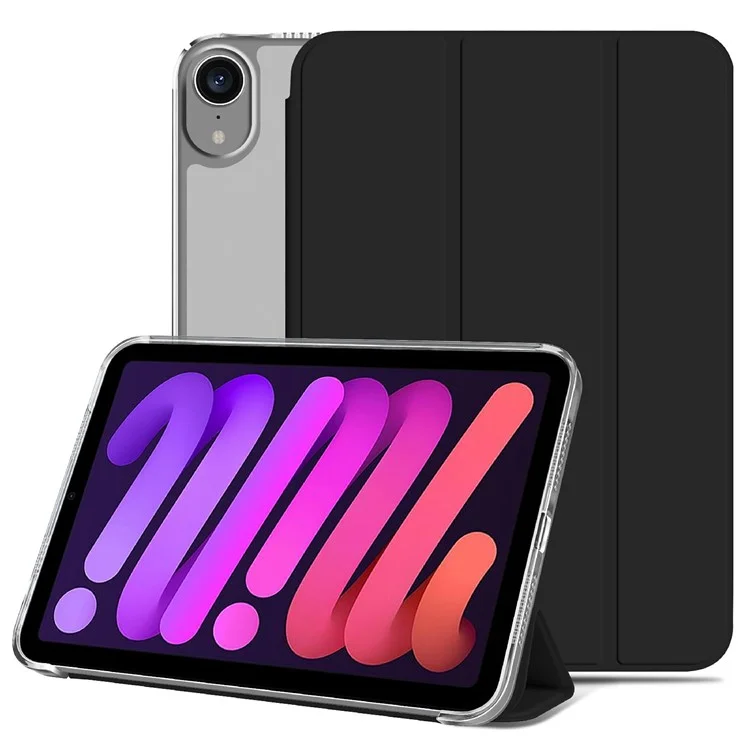 Stylish Auto Wake / Sleep PU Leather+PC+TPU Tri-Fold Stand Tablet Well-Protected Cover Case for iPad mini (2024) / mini (2021) - Black