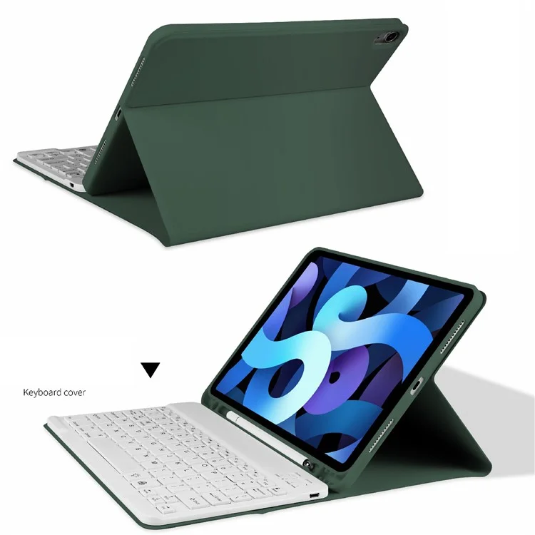 Pen Slot Design Tablet Protective Stand Case PU Leather+TPU Cover with Wireless Bluetooth Keyboard for iPad Air (2022)/(2020) - Midnight Green/White Keyboard