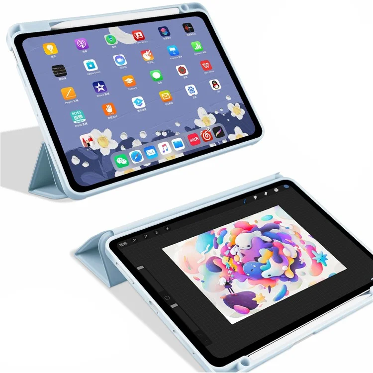 Tri-fold PU Stand Stand Automotor/tampa de Proteção do Sono Cascado de Proteção Com Caneta de Caneta Para Ipad Air (2020)/Air (2022) - Bebê Azul