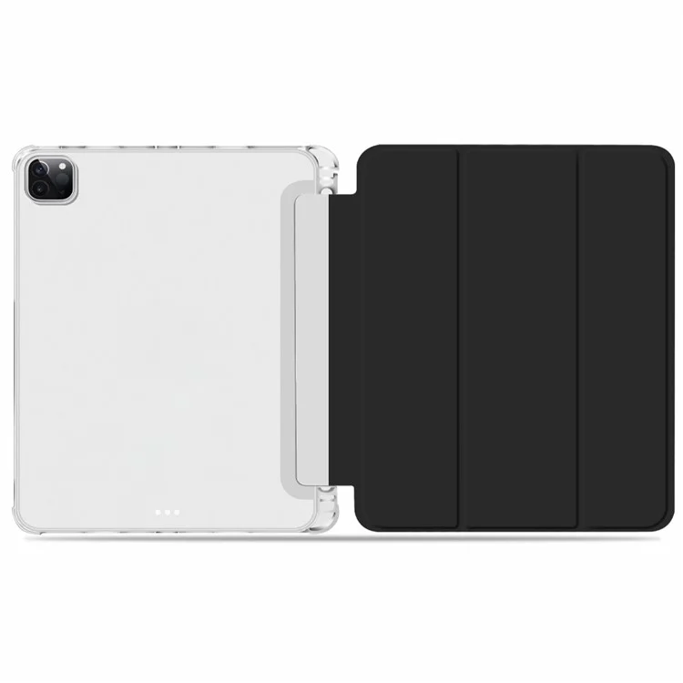 Diseño de Ranura Para Lápiz Transparente TPU + PU Cuero Auto Wake/Sleep Tri-fold Concurso Corta Protectiva Para Ipad Pro 12.9 Pulgadas (2021) - Negro