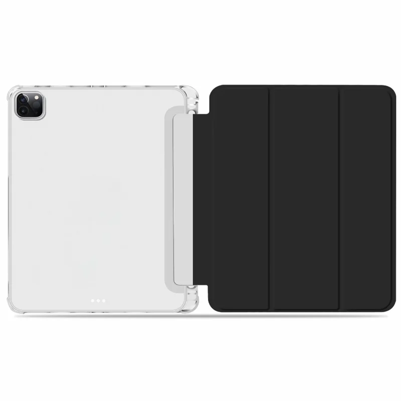 Transparent TPU + PU Leather Auto Wake/Sleep Tablet Cover Tri-fold Case Shell with Pen Slot for iPad Pro 11-inch (2021) - Black