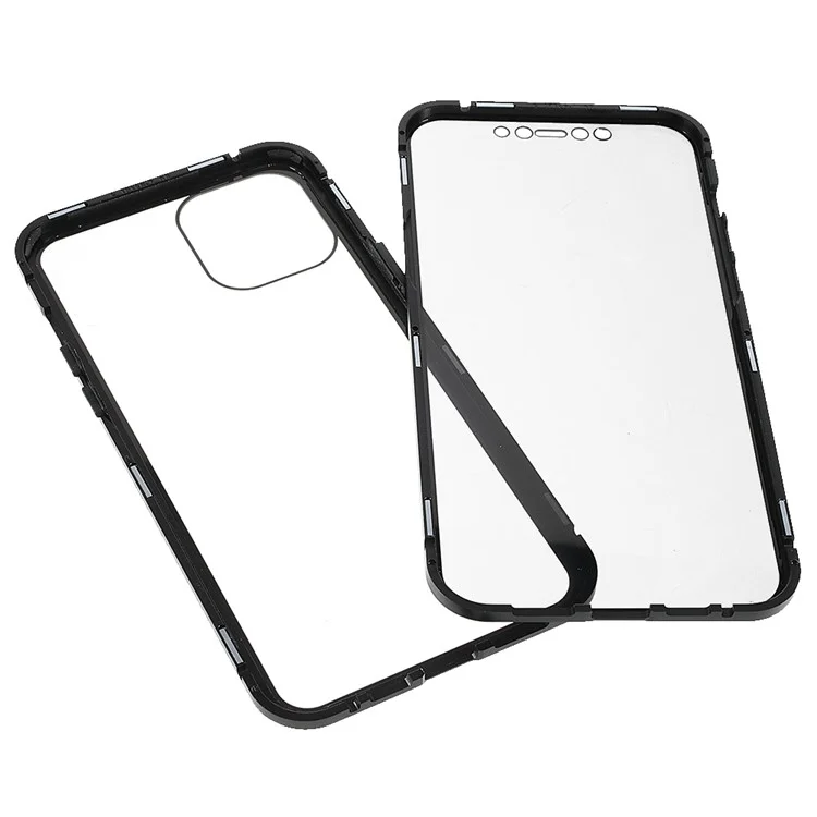 Para IPhone 13 Pro 6.1 Polegadas Metal Bumper + Caso De Telefone De Vidro De Vidro Temperado Duplo Anti-PEEP Capa Protetora Magnética - Preto