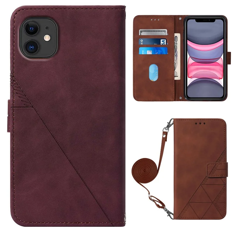 PB2-1 Series PU Leather + TPU Cell Phone Case Imprinting Lines Stand Wallet Anti-fall Cover with Shoulder Strap for iPhone 11 6.1 inch - Wine Red