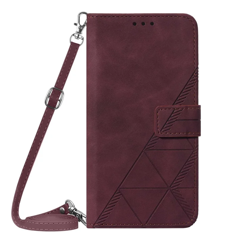 PB2-1 Series PU Leather + TPU Cell Phone Case Imprinting Lines Stand Wallet Anti-fall Cover with Shoulder Strap for iPhone 11 6.1 inch - Wine Red