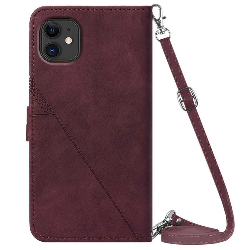 PB2-1 Series PU Leather + TPU Cell Phone Case Imprinting Lines Stand Wallet Anti-fall Cover with Shoulder Strap for iPhone 11 6.1 inch - Wine Red